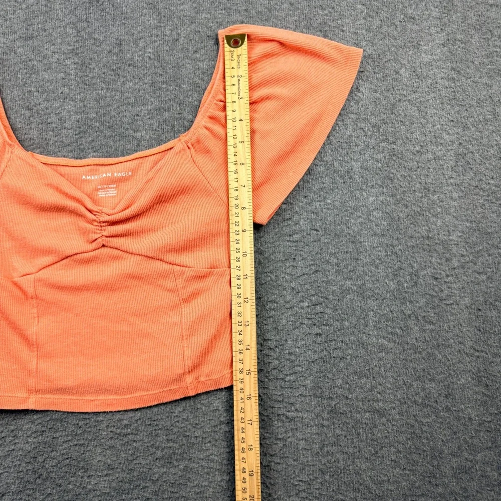 American Eagle Women's XS Orange Ribbed‎ Ruched Front Flutter Sleeve Crop Top